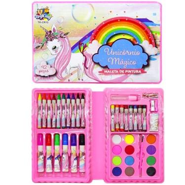 Imagem de Estojo Escolar Colorir Unicórnio Maleta Desenhos Canetinha Giz Apontador Cola 42 Peças