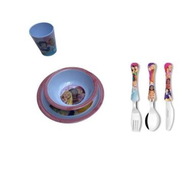 Imagem de Conjunto Prato Raso E Fundo Copo Talheres Princesas - Nt - Utensilios 