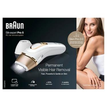 Imagem de Braun IPL Silk-Expert Pro 5, remoção de pelos em casa, alternativa para depilação a laser, inclui bolsa, lâmina Venus, cabeça de precisão, 2 anos de pele lisa, presente para mulheres, branco/dourado