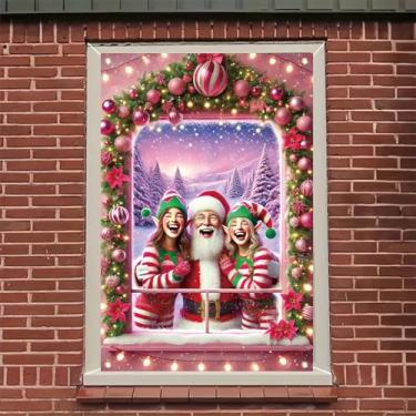 Imagem de Saoplasa Faixa de festa de Natal, 128 x 78 cm, capa de janela de Papai Noel e elfos, decoração de férias, guirlanda de poinsétia rosa, roupas listradas, pano de fundo do país das maravilhas de inverno