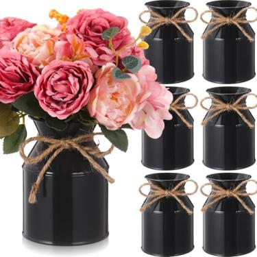 Imagem de Domensi Vaso de flores de metal para casa de fazenda, 6 peças, 13 cm, jarro galvanizado, com laço de barbante, baldes de flores rústicos para mesa floral, centro de mesa, decoração de casamento
