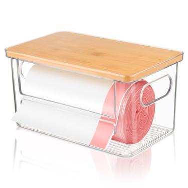 Imagem de Hiitytin Dispensador de suporte de saco de lixo, dispensador de saco de lixo com tampa e alças de bambu, organizador de saco de lixo transparente empilhável sob a pia para cozinha, despensa