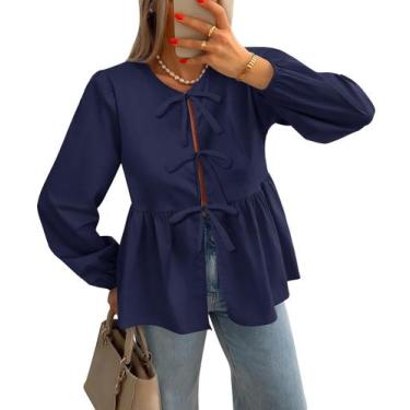 Imagem de Blusa feminina ZESICA com gravata frontal, manga comprida, botão, azul