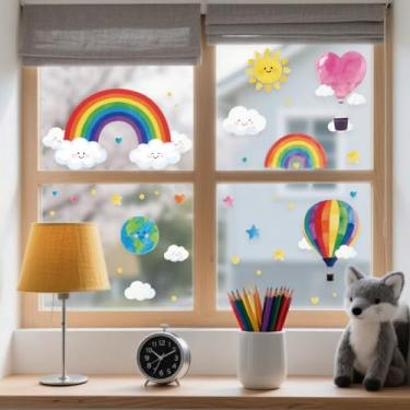 Imagem de ANATTASOUL Adesivos de janela estática arco-íris e balão de ar quente 1 folha de decalques de janela reutilizáveis para vidro, 120 cm x 30 cm adesivo de janela dupla face removível para quarto