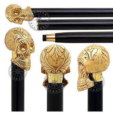 Imagem de Hanzla Collection Bengala de madeira preta com design de cabeça de caveira de latão sólido, presente vintage para homens