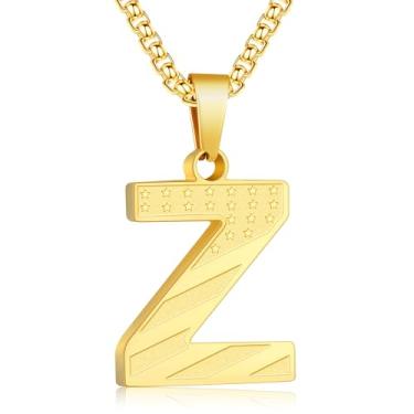Imagem de Zocomi Colar com pingente de inicial da bandeira americana para homens e meninos, corrente de aço inoxidável 316L A-Z caixa de letras 50 + 5 cm joias presentes, Aço inoxidável, Sem Pedra Preciosa