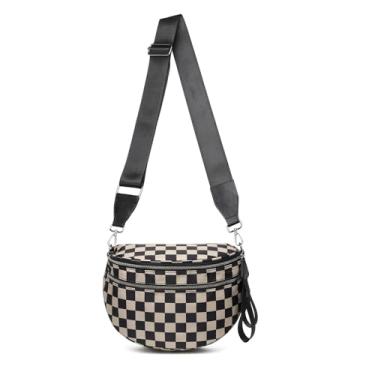 Imagem de DIOMO Bolsas femininas de nylon quadriculadas com zíper prateado, pochete de nylon plus size, bolsa de viagem, Xadrez preto cáqui, Large, Moda clássica xadrez para viagem de verão
