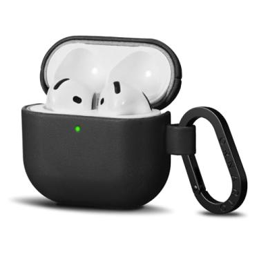 Imagem de ORNARTO Capa compatível com AirPods 4, capa protetora completa de couro com mosquetão, para AirPods 4ª geração (2024), LED frontal visível, preto meia-noite