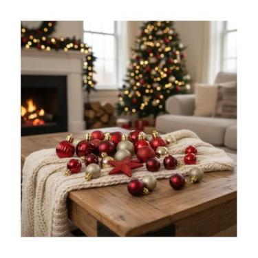 Imagem de 30 Enfeites De Natal Bolinhas 3cm Estrela 11cm Top Conjuto Cores Luxuosas Decorativos Coloridas Bolas Natal Para Pendurar Árvore Enfeite Pinheiro Decoração Guirlanda Ano Novo (Vermelho Rubi)