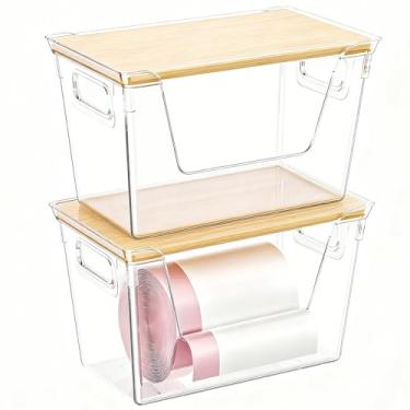 Imagem de ShinyDew Pacote com 2 dispensadores de sacos de lixo com tampa de bambu, organizador de saco de lixo de plástico transparente para sacos de 4 a 90 litros, organizador sob a pia para cozinha