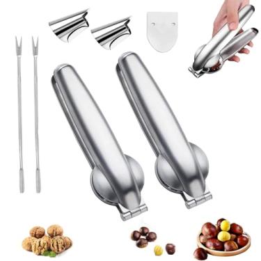 Imagem de 2 biscoitos de nozes, ferramenta de corte de castanha de aço inoxidável 304, alicate abridor de nozes com 2 garfos e casca de descascar 2 polegares, clipe aberto de castanha multifuncional para nozes