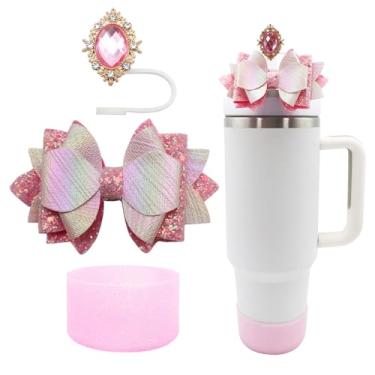 Imagem de Conjunto de 3 peças de acessórios para copo Stanley de 30 e 1,134 g com alça, decoração de canudo de laço fofo e topo de palha de 10 mm, bota de silicone com glitter, acessórios de copo fofos