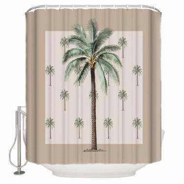 Imagem de Cortina de chuveiro de palmeira, plantas tropicais botânicas laváveis para banheiras de banheiro, cortina de banho marrom impermeável de secagem rápida com ganchos e ilhós, padrão 183 x 183 cm