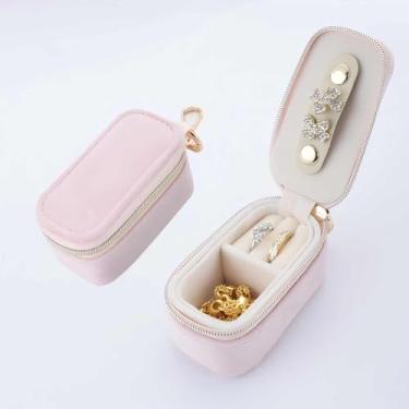 Imagem de HIFILTURE Porta-anel de joias, mini estojo portátil para guardar anéis de viagem, caixa organizadora pequena com porta-chaves (rosa claro)
