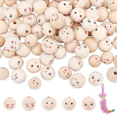 Imagem de PH PandaHall Miçangas de madeira de rosto sorriso, 100 peças 5 estilos de contas de madeira 15 ~ 18 mm contas de cabeça de boneca com espaçador de furo de 4 ~ 5 mm contas soltas de madeira para bricolage pulseira colar joias macramê fazendo o cabelo artesanato