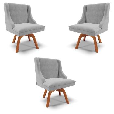Imagem de Kit 3 Cadeiras Decorativas Sala de Jantar Base Giratória de Madeira Firenze Suede Cinza/Natural G19 - Gran Belo