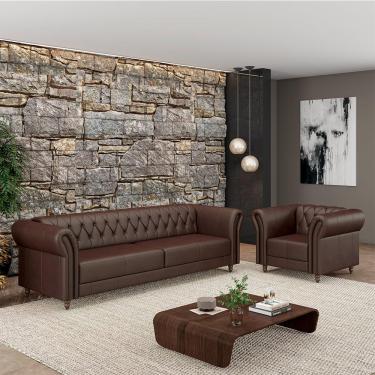 Imagem de Conjunto Sala de Estar 1 Sofá Living 220cm e 1 Poltrona Stanford Chesterfield Pés Madeira Couro Marrom Brilho G58 - Gran Belo