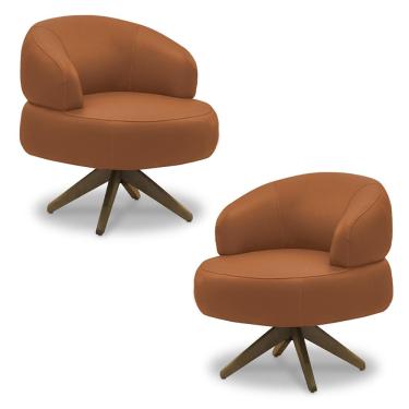 Imagem de Kit 2 Poltronas Decorativas Katy Sala de Estar Base Giratória Madeira Couro Conhaque