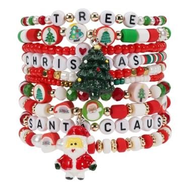 Imagem de Pulseiras de Natal para mulheres Heishi Surfer Polymer Clay Stretch Joy & Merry Candy-Style Stacks para mulheres e adolescentes - Presentes de Natal perfeitos, One Size, Miçangas, Sem Pedra Preciosa