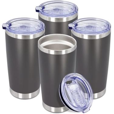 Imagem de Copo de café de 590 ml, copos de viagem a granel com tampa, aço inoxidável, parede dupla, isolados a vácuo, copos revestidos em pó, serve para porta-copos de carro para quente e frio - cinza, pacote