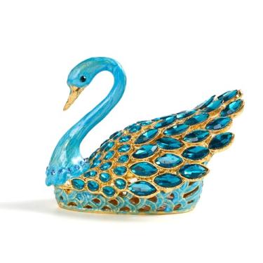 Imagem de SEVENBEES Caixa de bugigangas de cisne azul de 9,4 cm, esmaltada pintada à mão com pedras preciosas, caixa de armazenamento de joias articulada - suporte de anel, organizador de viagem, decoração de