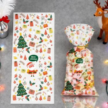 Imagem de 50 unidades de sacos de presente de celofane de Natal com laços de plástico, sacos de presente de biscoito de Papai Noel, bolsas a granel para Natal, lembrancinhas de festa, decoração de Natal (12 x