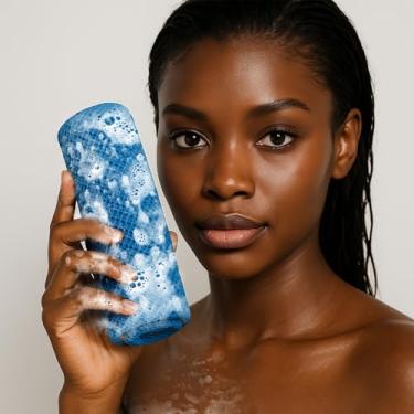Imagem de Esponja de rede africana, esponjas de banho esfoliantes corporais, pano de banho para esfregar as costas para banho, esfoliante corporal para mulheres (azul celeste)