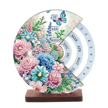 Imagem de AiYuanzsh Kit de calendário de mesa de arte de diamante DIY – Ornamento de mesa perpétuo de madeira 3D com design de borboleta e flor, pintura de diamante de cristal para decoração de mesa presente