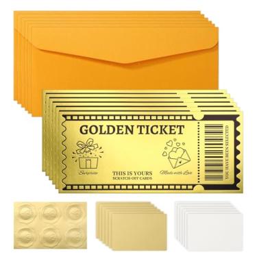 Imagem de 6 peças de raspadinhas Golden Ticket com envelope, bilhete surpresa para raspar e revelar bilhetes surpresa cartão de revelação surpresa para amigo esposa presente de aniversário dia dos namorados