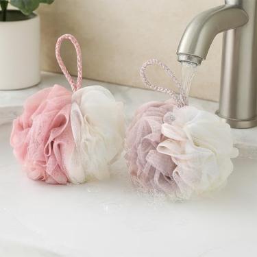 Imagem de Esponja de bucha de chuveiro, esfregão de banho de malha de 50 g para o corpo, esponjas de lavagem esfoliantes de bucha para mulheres e homens, 2 peças (rosa + cáqui)