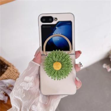 Imagem de Capa para Galaxy Z Flip5, capa de celular com flor fofa e suporte de anel, capas rígidas de couro para meninas (para Galaxy Z Flip5/branco)