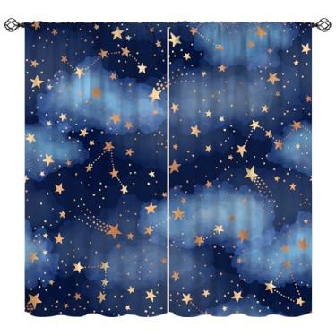 Imagem de Cortinas de céu estrelado, cenário estrelado céu noturno azul estrelas cortinas de janela para crianças meninos meninas quarto sala de estar 107 cm L x 114 cm C (sem apagão)