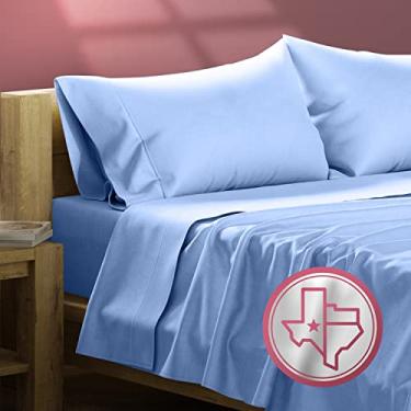 Imagem de TEXAS LINEN CO. Jogo de cama queen de algodão egípcio - lençol Queen azul médio 800 fios 4 peças para cama queen size, lençóis de cetim de hotel de luxo, lençóis macios de resfriamento, bolso profundo