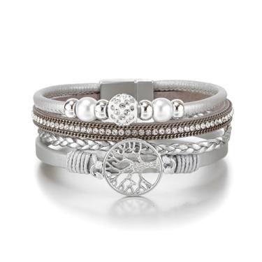 Imagem de Edoneery Pulseira de couro para mulheres, pulseira boho feita à mão com várias camadas com coração de contas de cristal, pulseira empilhável, joia ocidental para presente, PG132-Tree of Life(Silver