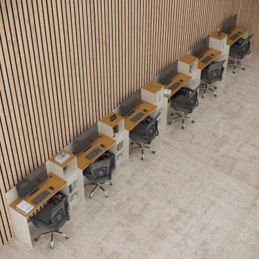 Imagem de Conjunto De Escritório Tech 5 Livreiro E 6 Mesas 90cm - Vian - Off White E Cedro Off White E Cedro