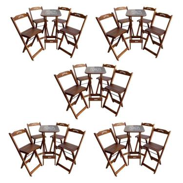 Imagem de Kit 5 Conjuntos Bistrô Mesa Com 4 Banquetas Dobráveis De Madeira Personalizada Jack Imbuia Marrom