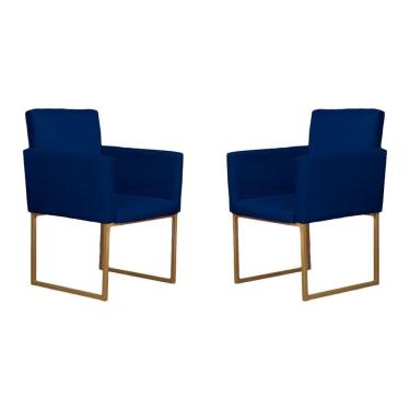 Imagem de Kit 02 Poltronas Decorativas Klara Base Dourada Em Suede Azul Marinho