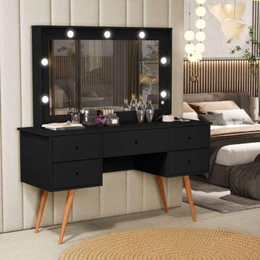 Imagem de Penteadeira Camarim Bancada Maquiagem 100% Mdf Espelho Led 5 Gavetas Pés Palito Retrô Preta