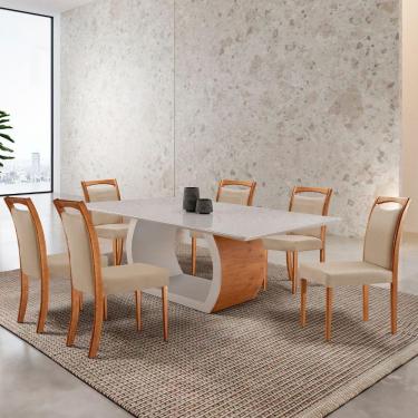 Imagem de Mesa Ellis 180cm Tampo Laqueado Com Vidro Com 6 Cadeiras Munique Linho Premuim/imbuia Nat./off White