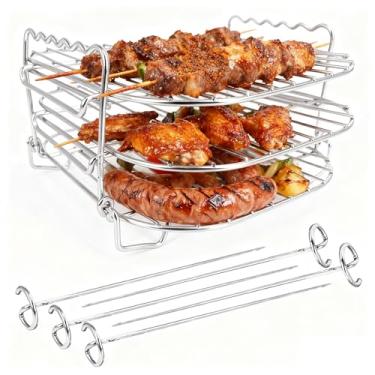 Imagem de Rack de fritadeira a ar de 3 camadas com 5 espetos – Conjunto de churrasqueira de aço inoxidável 304 e rack removível para cozinhar com baixo teor de óleo, carne seca e vegetais, acessórios de cozinha