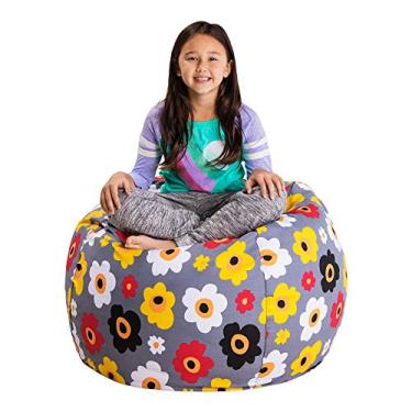 Imagem de Capa para cadeira de saco de feijão de armazenamento de animais de pelúcia elegante infantil - Organizador de brinquedos para crianças, grande 96,5 cm - tela multicolorida flores em cinza