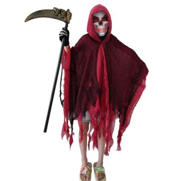 Imagem de BouQuw Grim Reaper Costume Kids,Scary Halloween Costumes for Boys Girls, LED Mask,Hooded Cloak,Scythe,Gloves Included