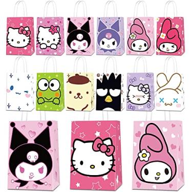 Imagem de Latwerd Pacote com 24 sacos de lembrancinhas de festa de gatinho – 12 sacos de presente de papel fofos com alças, sacolas reutilizáveis de doces Kraft para festas de aniversário, chás de bebê