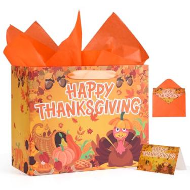 Imagem de Lednica Sacos grandes de presente de feliz ação de graças com papel de seda e cartão comemorativo, folhas de outono, abóboras e lembrancinhas de peru para o dia de Ação de Graças, suprimentos de festa