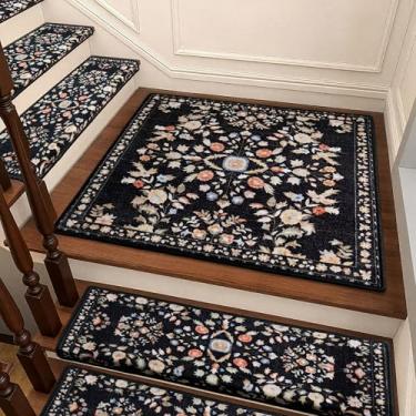 Imagem de RORA Tapete de aterrissagem antiderrapante para degraus de escada combinando para degraus de madeira em ambientes internos, tapete de escada floral para escadas, tapete lavável para animais de