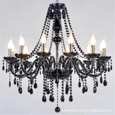 Imagem de Lustre de luxo europeu com cristais pretos e iluminação LED para sala de estar, restaurante, quarto, villa, hotel, duplex, loja de roupas, salão de beleza, café, bar e karaokê (IA 12 lâmpada
