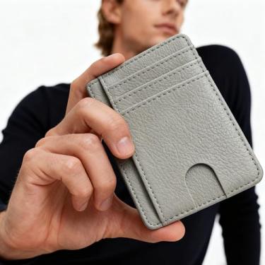 Imagem de Carteira pequena e fina para homens e mulheres, porta-cartões minimalista de couro com bolso frontal com design de bloqueio de RFID, Cinza, Minimalista