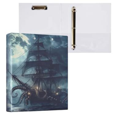 Imagem de Blueangle Fichário de navio pirata com 3 anéis com prancheta e 2 bolsos - Organizador de documentos decorativo de 3 anéis de 3 argolas para escritório, suprimentos para reuniões (387)