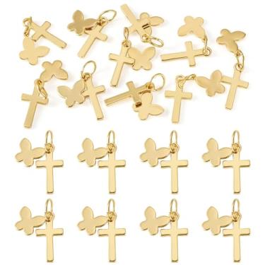 Imagem de FASHEWELRY 10 peças de pingentes de cruz banhados a ouro 18K fofo crucifixo cristão dourado com pingente de borboleta, pingentes pequenos de latão com anéis de salto para pulseiras permanentes, colar
