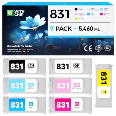 Imagem de Conjunto de cartuchos de tinta 831 831A pacote com 7 780 ml de substituição para tinta HP 831 831A CZ682A CZ683A CZ684A CZ685A CZ686A CZ687A CZ706A compatível com HP DesignJet Latex 310 315 330 335